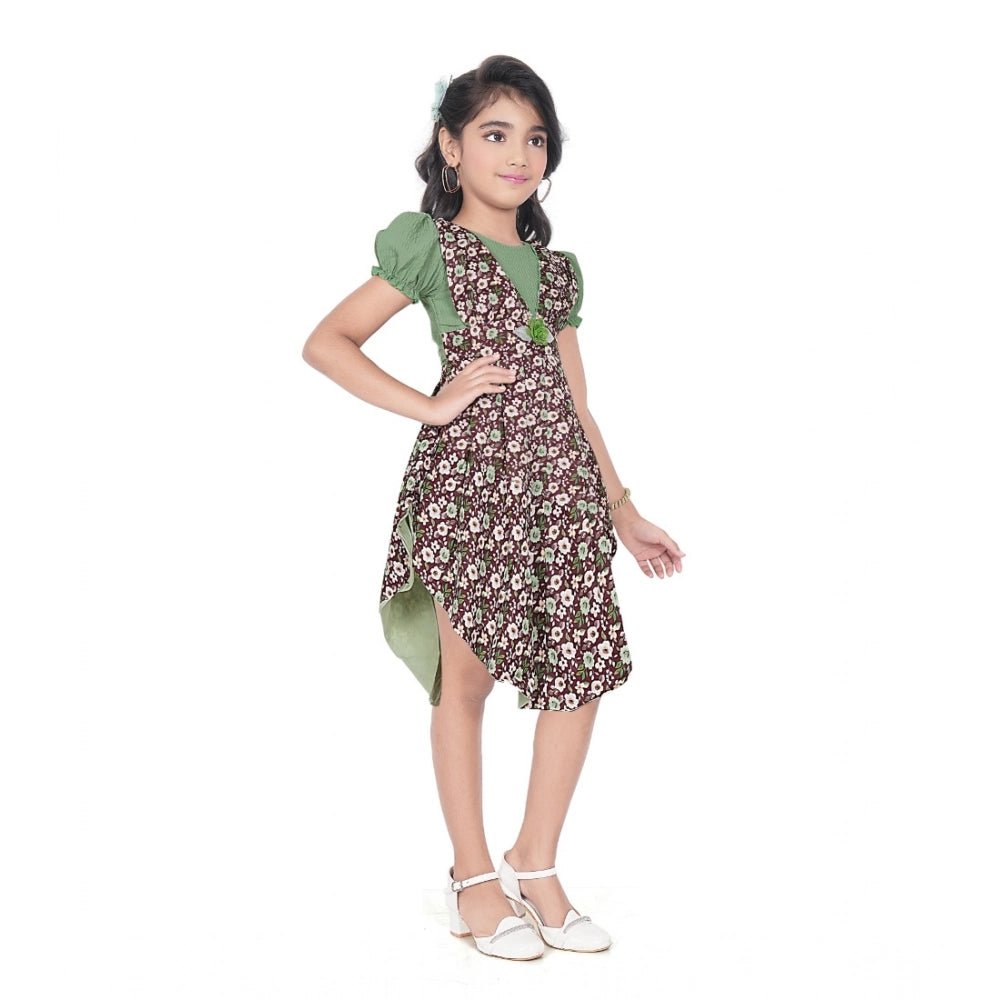 Girl's Twill Printed Short Sleeve Round Neck Dress (Green) - Image 4