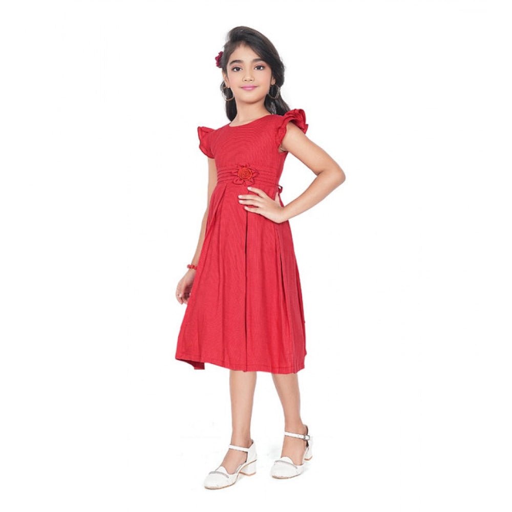 Girl's Rayon Soild Short Sleeve Round Neck Dress (Red) - Image 2