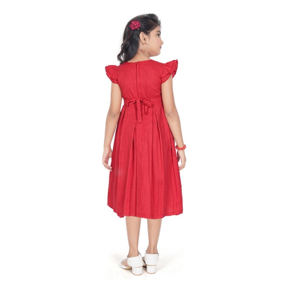 Girl's Rayon Soild Short Sleeve Round Neck Dress (Red) - Image 3