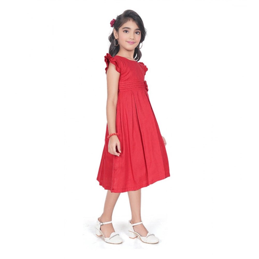 Girl's Rayon Soild Short Sleeve Round Neck Dress (Red) - Image 4