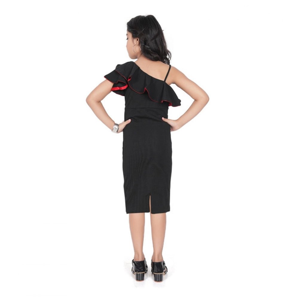 Girl's Knitted Soild Sleeve Less Off Shoulder Dress (Black) - Image 3
