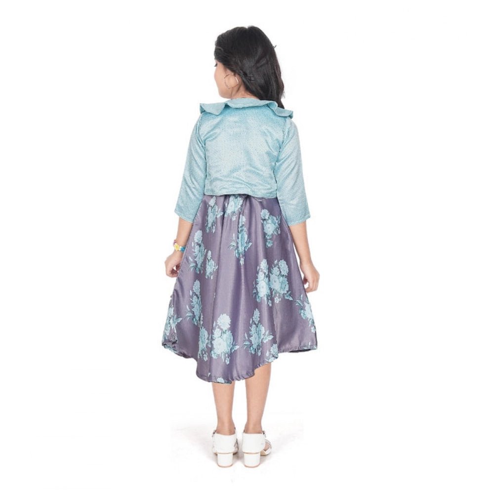 Girl's Satin Printed Sleeve Less Round Neck Dress (Sea Green) - Image 2