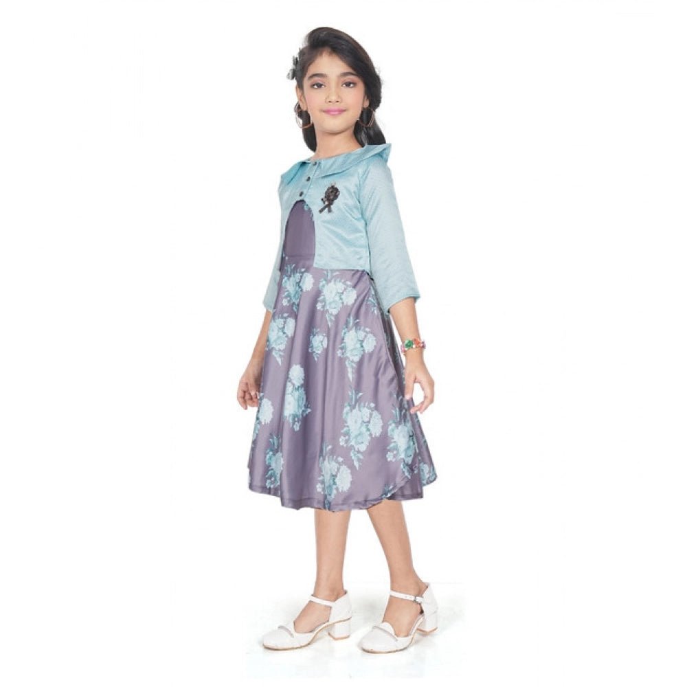 Girl's Satin Printed Sleeve Less Round Neck Dress (Sea Green) - Image 4