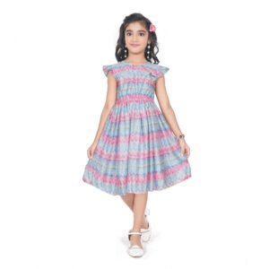 Girl's Lycra Printed Sleeve Less Round Neck Dress (Multicolor)