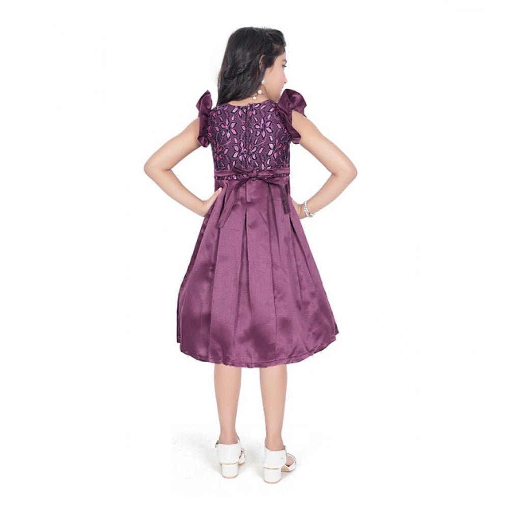 Girl's Satin Printed Sleeve Less Round Neck Dress (Purple) - Image 2