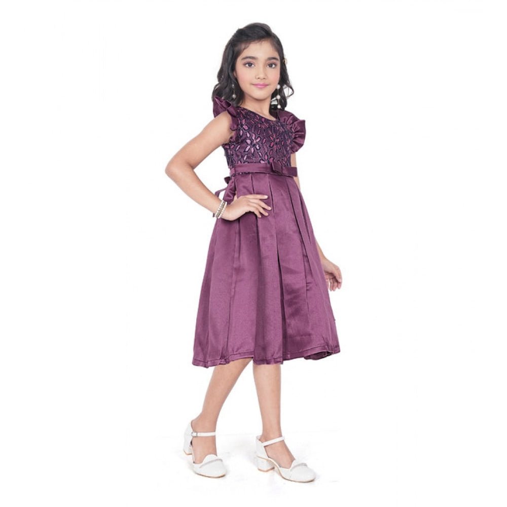 Girl's Satin Printed Sleeve Less Round Neck Dress (Purple) - Image 4