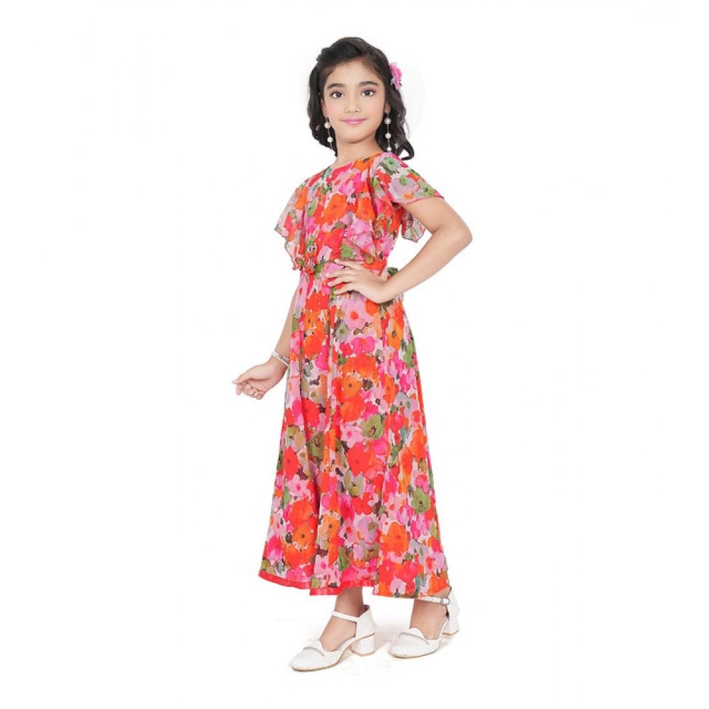 Girl's Shiffon Printed Short Sleeve Round Neck Dress (Multicolor) - Image 3