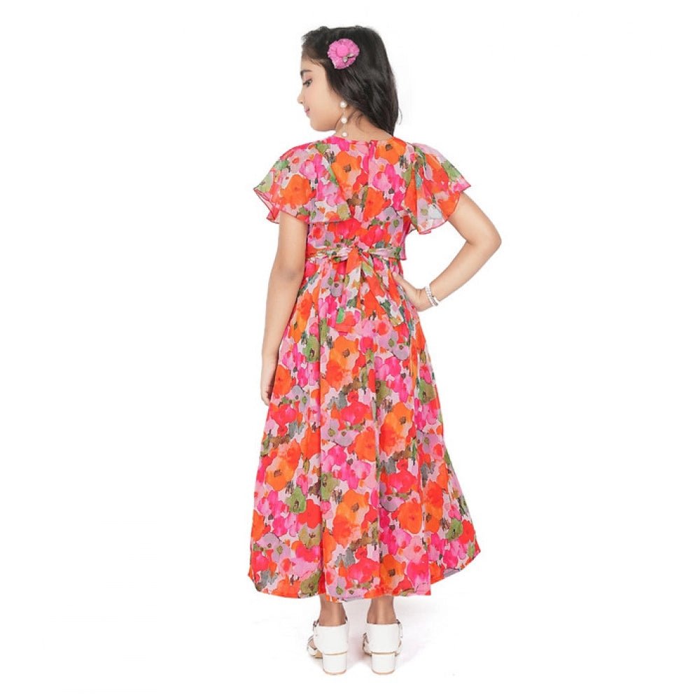 Girl's Shiffon Printed Short Sleeve Round Neck Dress (Multicolor) - Image 4