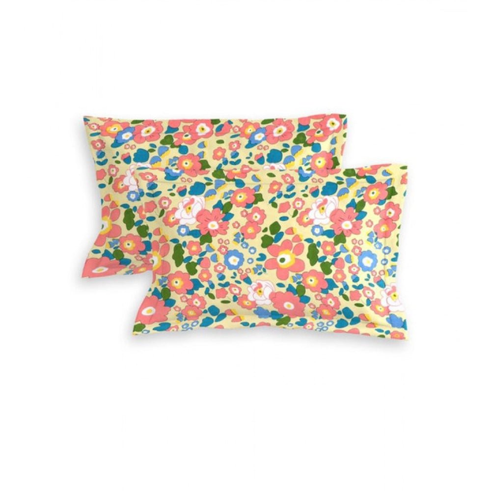 Cotton Blend Floral Printed Double Bedsheet with 2 Pillow Covers (Yellow) - Image 2