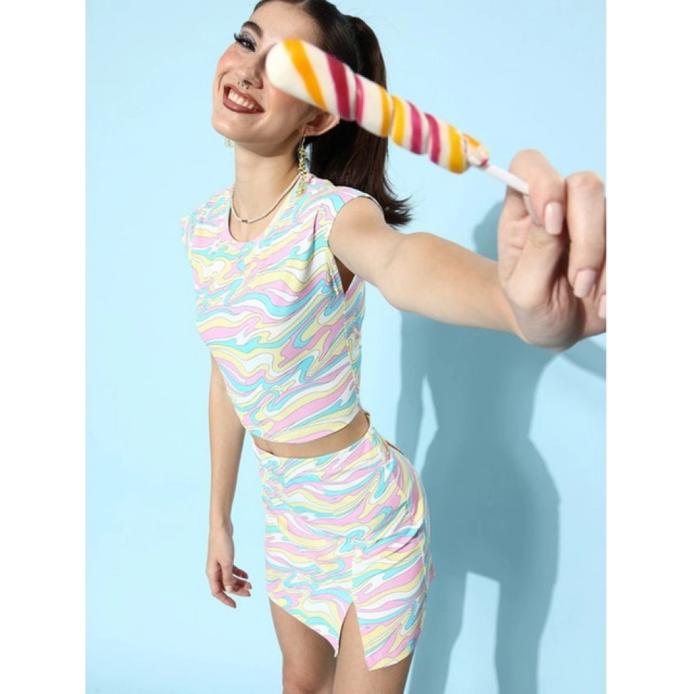 Polyester Lycra Printed Cap Sleeve Co-Ord Set (Multicolor) - Image 3