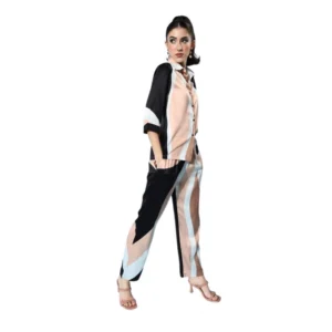 Satin Colour Block Long Sleeves Co-Ord Set (Beige - Black)
