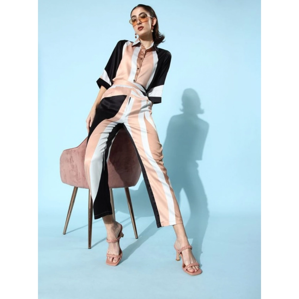 Satin Colour Block Long Sleeves Co-Ord Set (Beige - Black) - Image 3