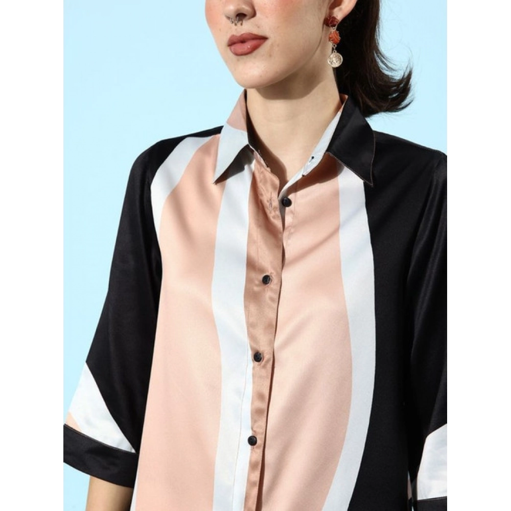 Satin Colour Block Long Sleeves Co-Ord Set (Beige - Black) - Image 5