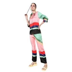 Satin Colour Block Long Sleeves Co-Ord Set (Multicolor)