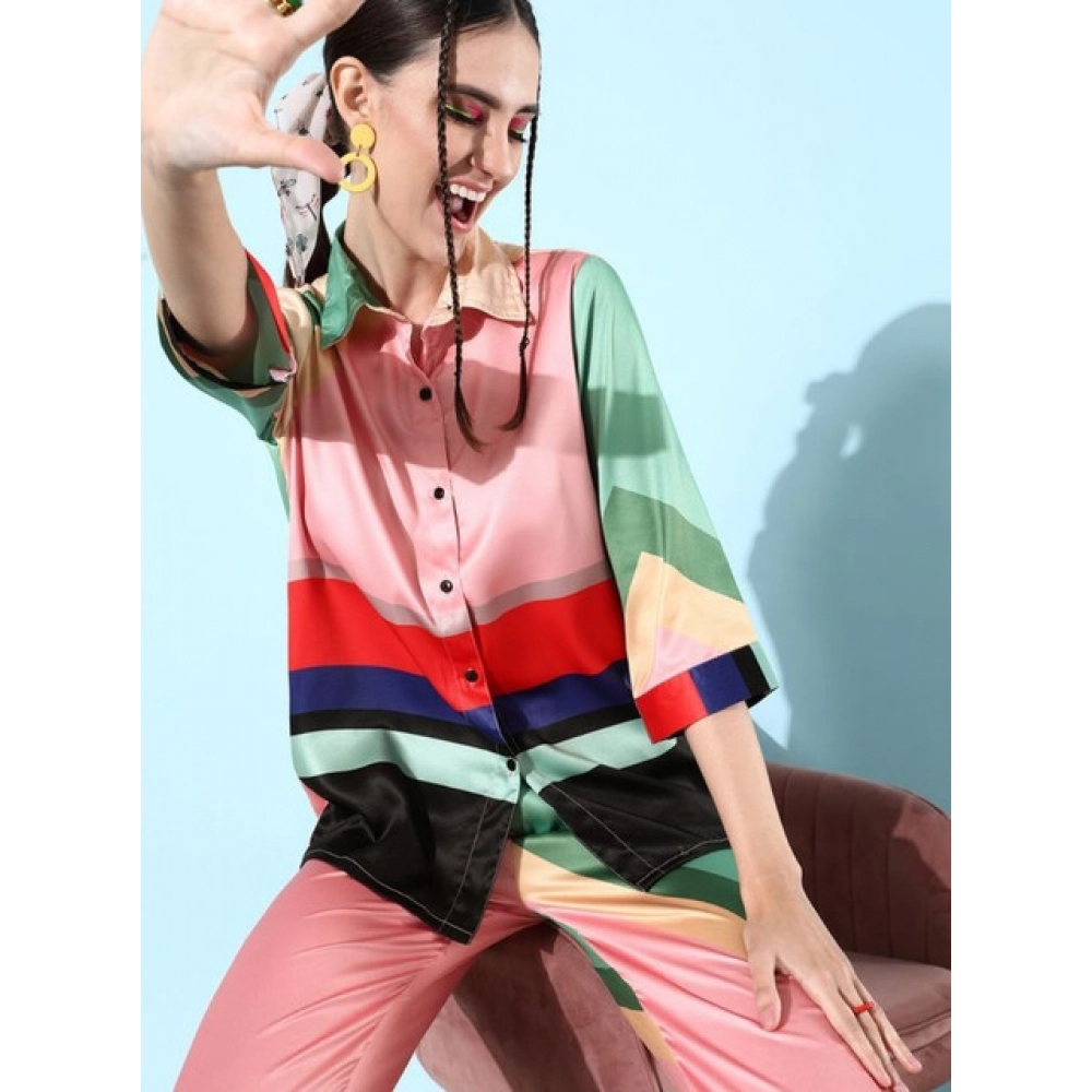 Satin Colour Block Long Sleeves Co-Ord Set (Multicolor) - Image 2