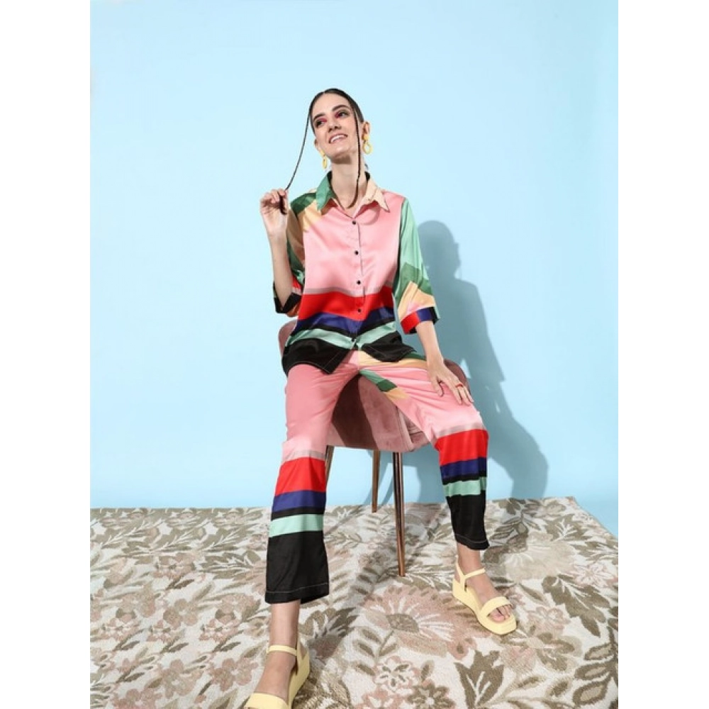 Satin Colour Block Long Sleeves Co-Ord Set (Multicolor) - Image 3