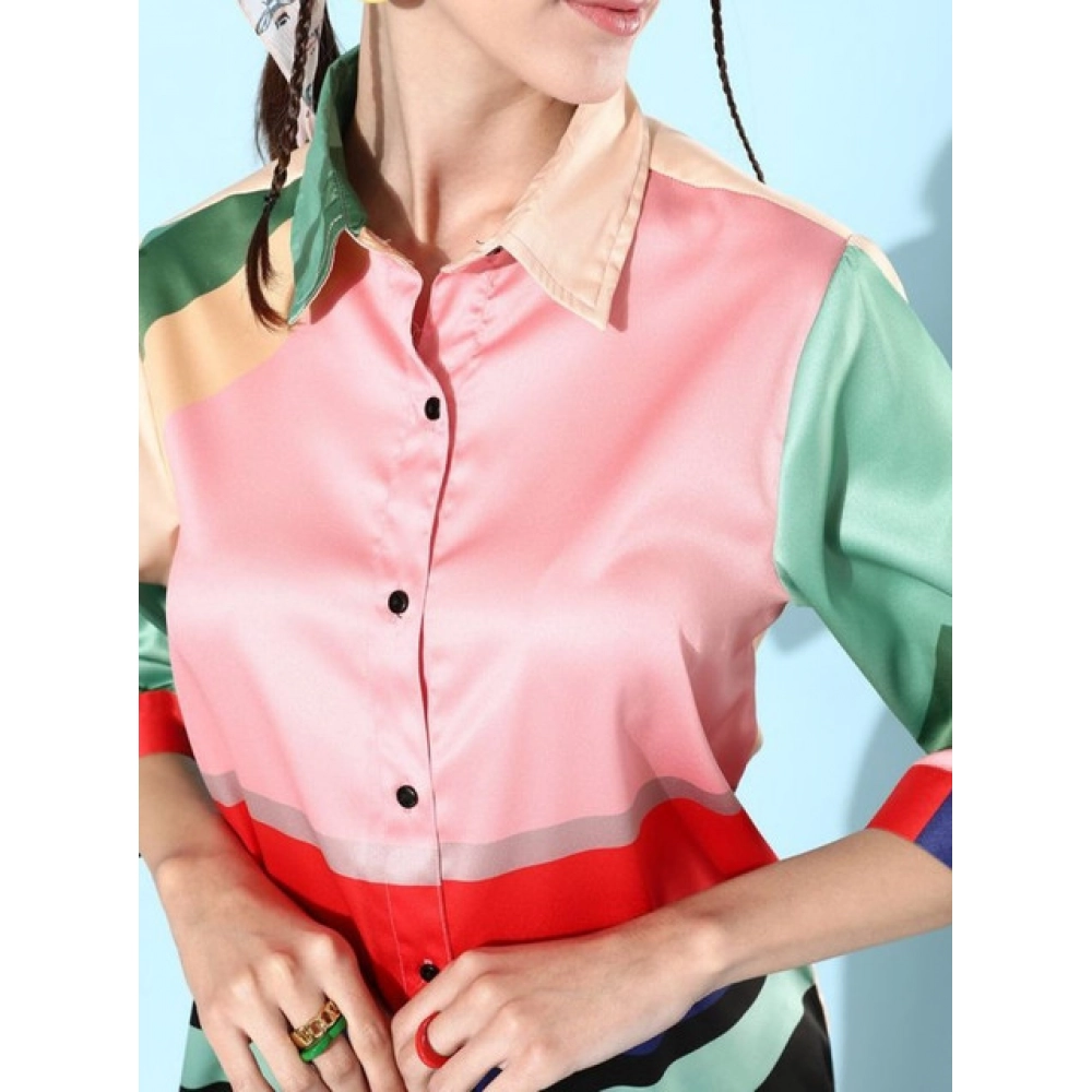 Satin Colour Block Long Sleeves Co-Ord Set (Multicolor) - Image 5