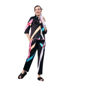 Satin Colour Block Long Sleeves Co-Ord Set (Multicolor)