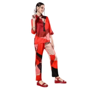 Satin Colour Block Long Sleeves Co-Ord Set (Multicolor)