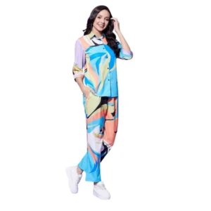 Polyester Colour Blocking 3-4th Sleeve Co-Ord Set (Multicolor)