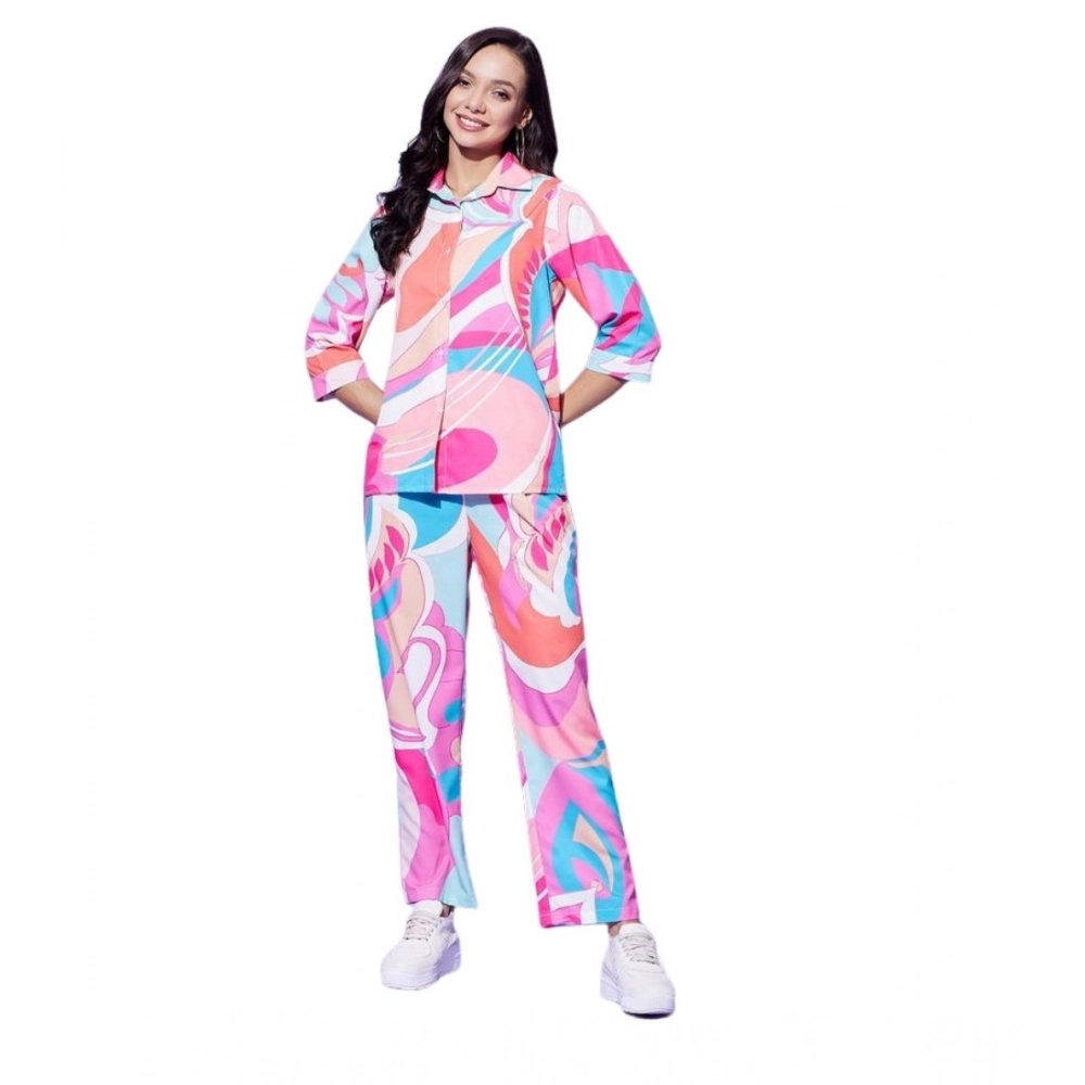 Polyester Printed 3-4th Sleeve Co-Ord Set (Multicolor)