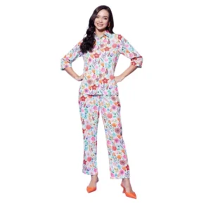 Polyester Floral 3-4th Sleeve Co-Ord Set (Multicolor)