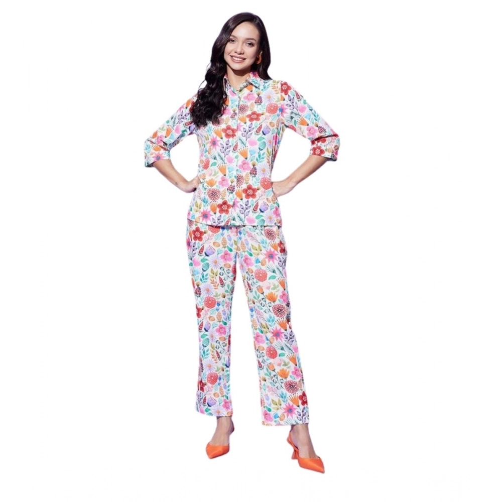 Polyester Floral 3-4th Sleeve Co-Ord Set (Multicolor)
