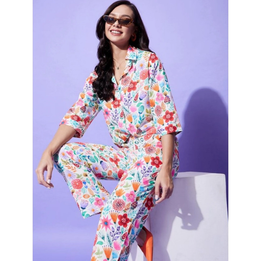 Polyester Floral 3-4th Sleeve Co-Ord Set (Multicolor) - Image 2