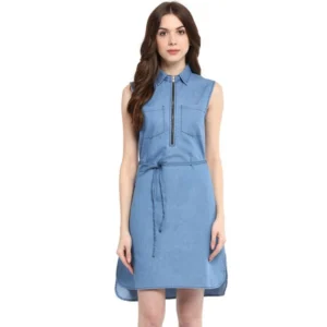Denim Solid Sleeveless Dress (Blue)