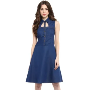 Denim Solid Sleeveless Dress (Navy Blue)