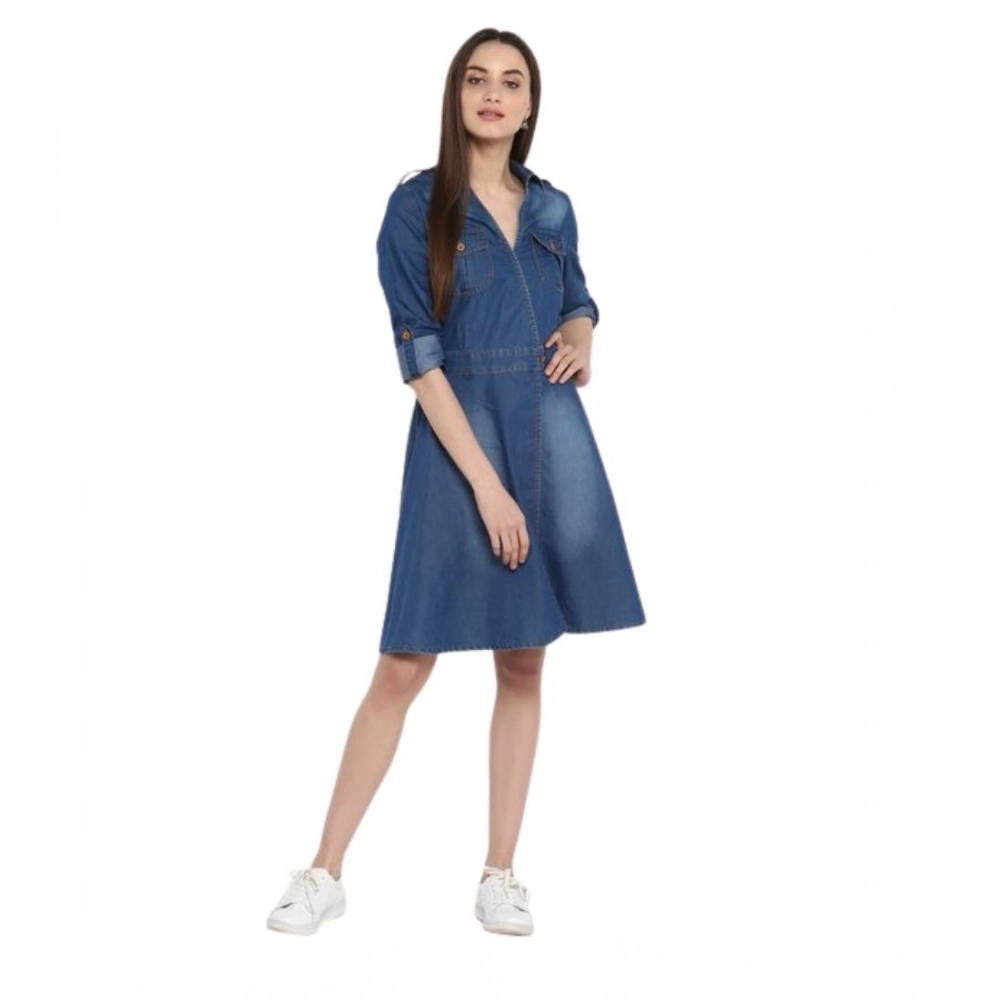 Denim Solid Roll Up Sleeve Dress (Blue)