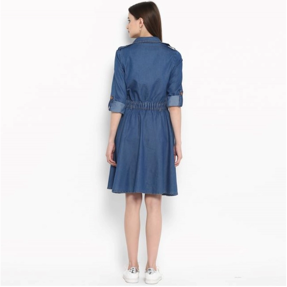 Denim Solid Roll Up Sleeve Dress (Blue) - Image 5