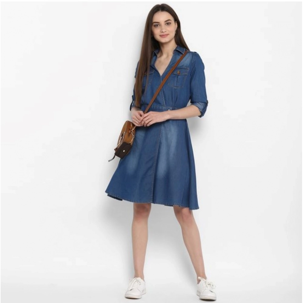 Denim Solid Roll Up Sleeve Dress (Blue) - Image 4