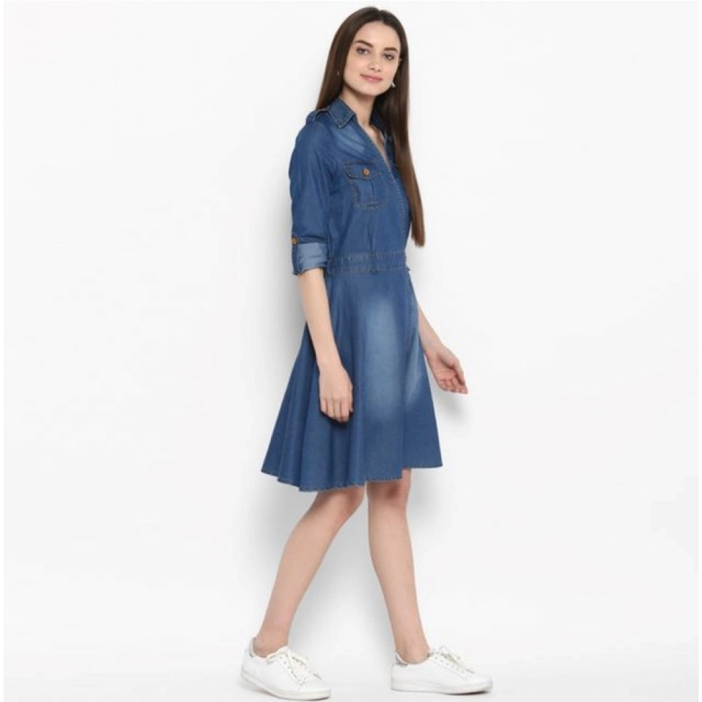 Denim Solid Roll Up Sleeve Dress (Blue) - Image 3