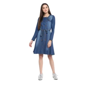 Denim Washed Regular Sleeves Dress (Blue)
