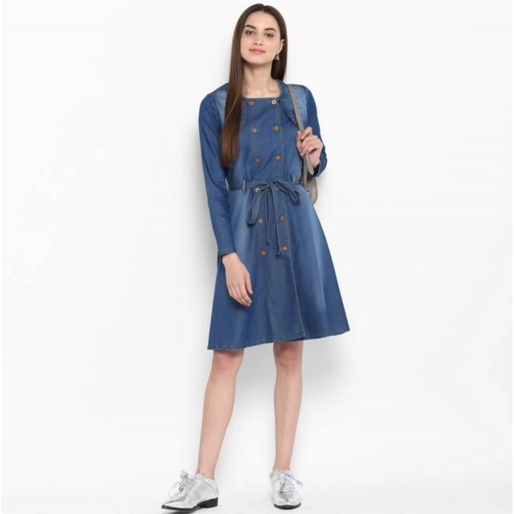 Denim Washed Regular Sleeves Dress (Blue) - Image 4