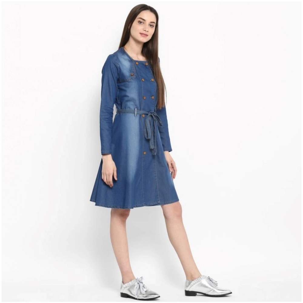 Denim Washed Regular Sleeves Dress (Blue) - Image 3