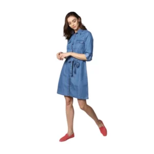 Denim Solid Roll Up Sleeve Dress (Blue)