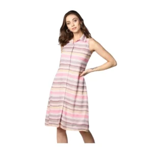 Polyester Striped Sleeveless Dress (Pink)