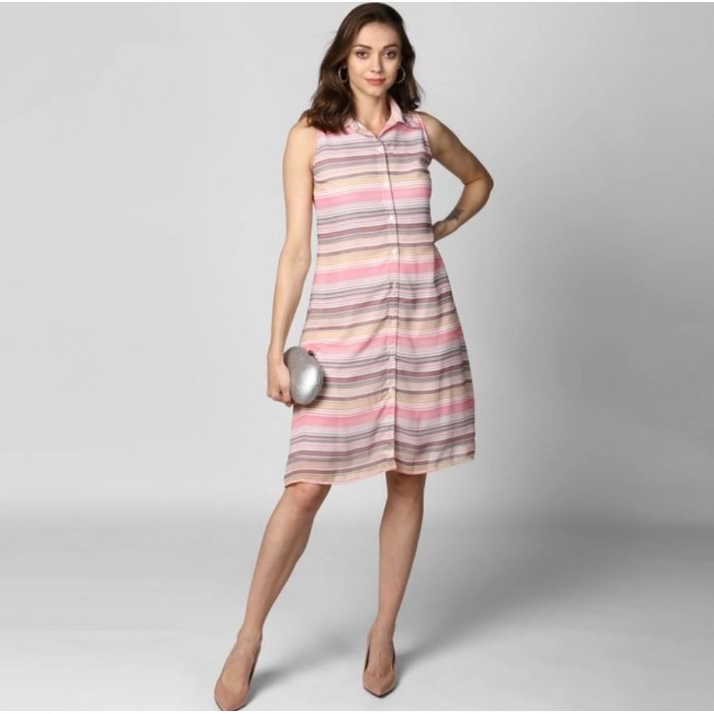 Polyester Striped Sleeveless Dress (Pink) - Image 4