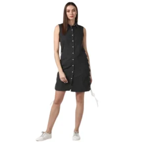 Denim Solid Sleeveless Dress (Black)