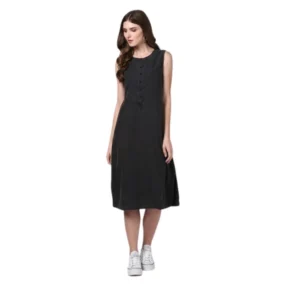 Denim Solid Sleeveless Dress (Black)