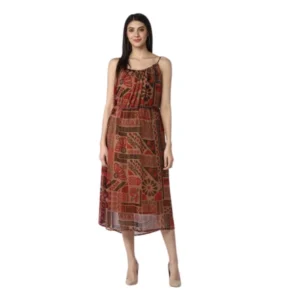 Polyester Printed Shoulder Straps Dress (Maroon - Brown)