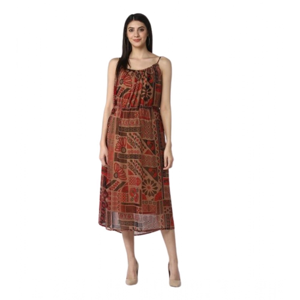 Polyester Printed Shoulder Straps Dress (Maroon - Brown)