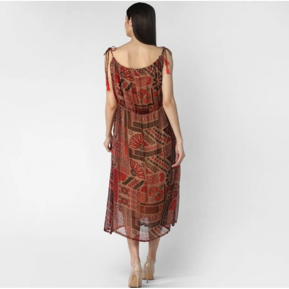 Polyester Printed Shoulder Straps Dress (Maroon - Brown) - Image 5