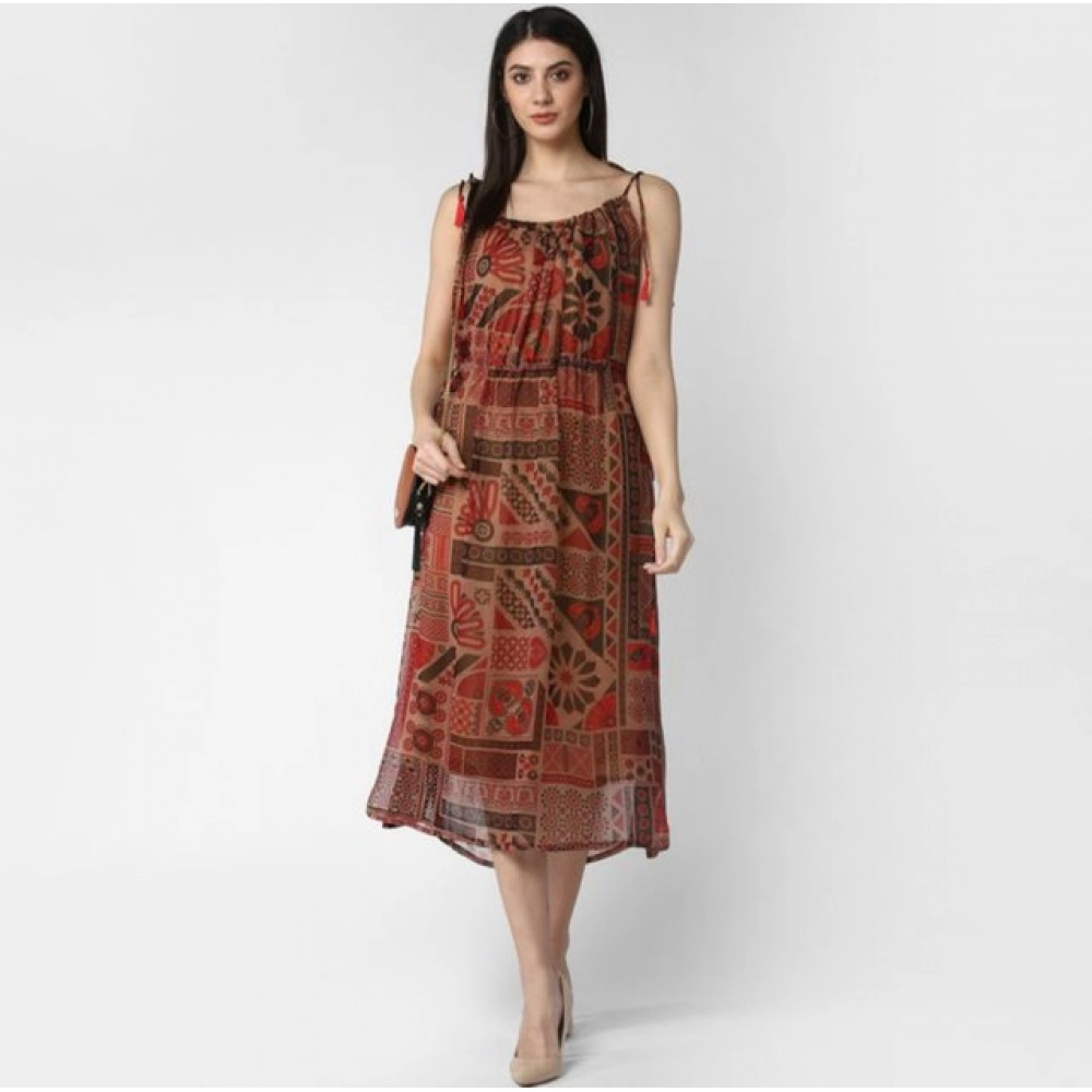 Polyester Printed Shoulder Straps Dress (Maroon - Brown) - Image 4