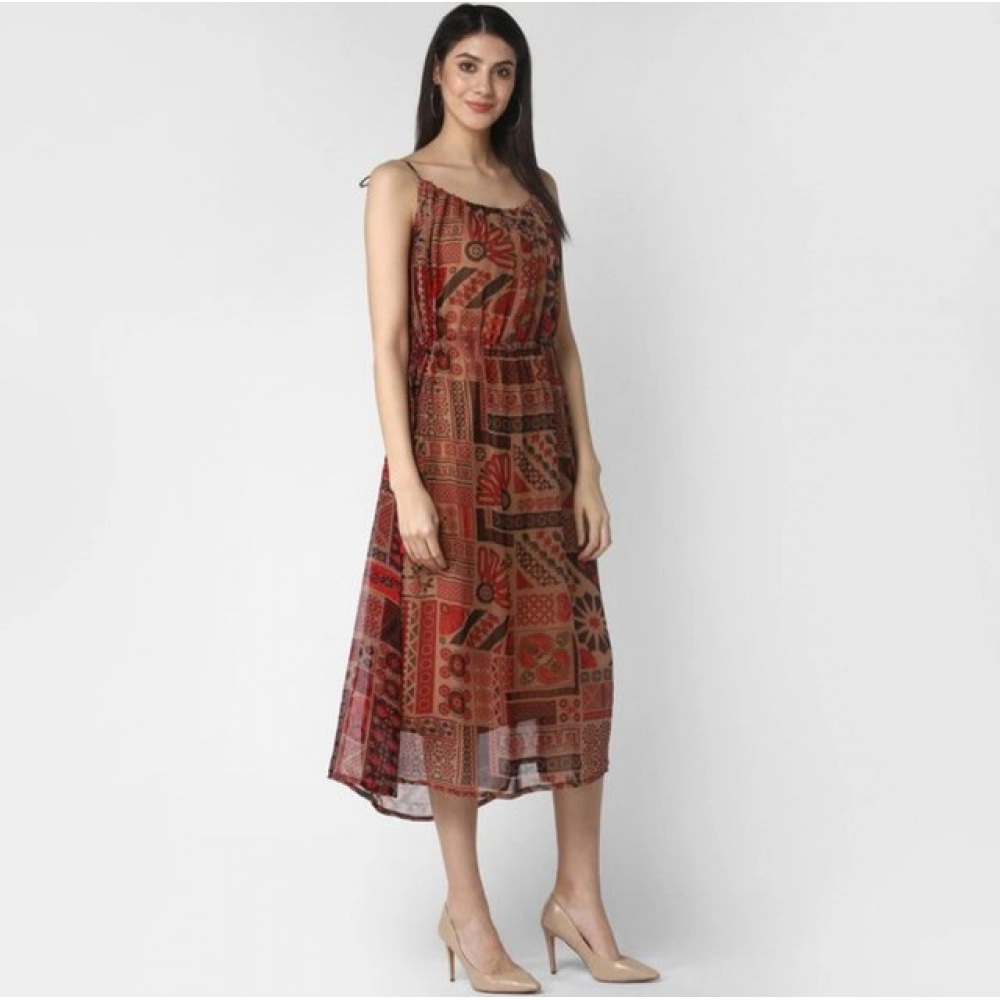 Polyester Printed Shoulder Straps Dress (Maroon - Brown) - Image 3