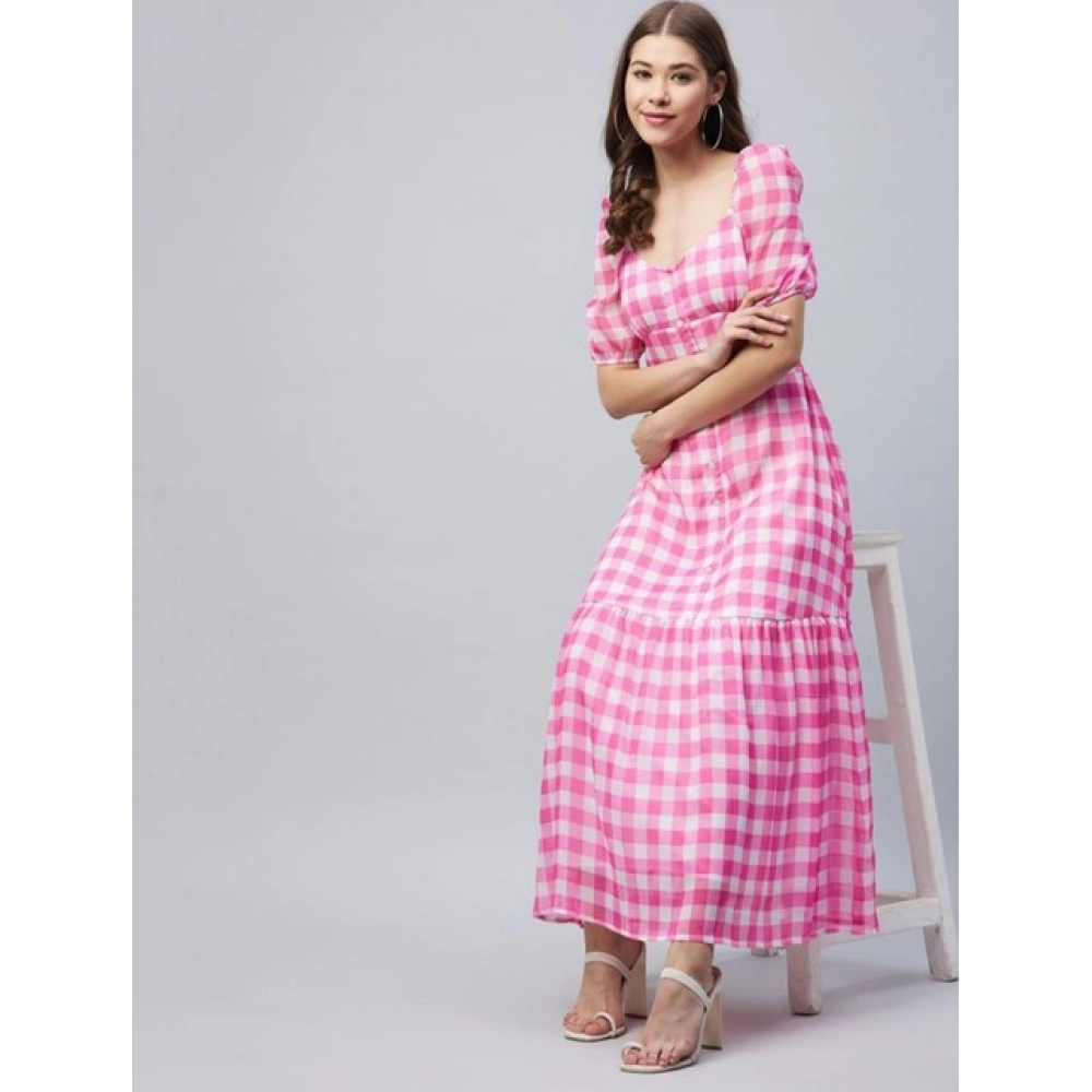Polyester Georgette Checkered Half Sleeve Dress (Pink) - Image 5