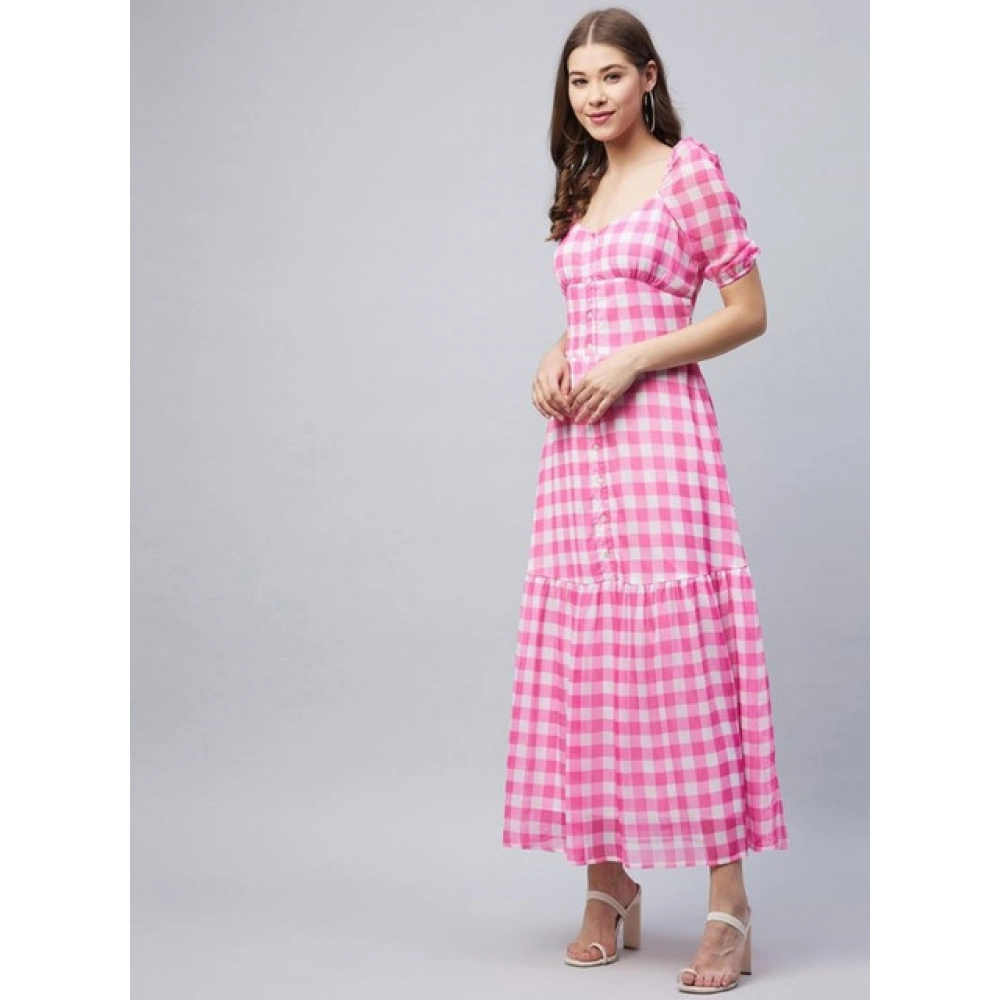 Polyester Georgette Checkered Half Sleeve Dress (Pink) - Image 4