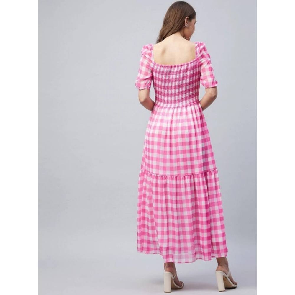 Polyester Georgette Checkered Half Sleeve Dress (Pink) - Image 3